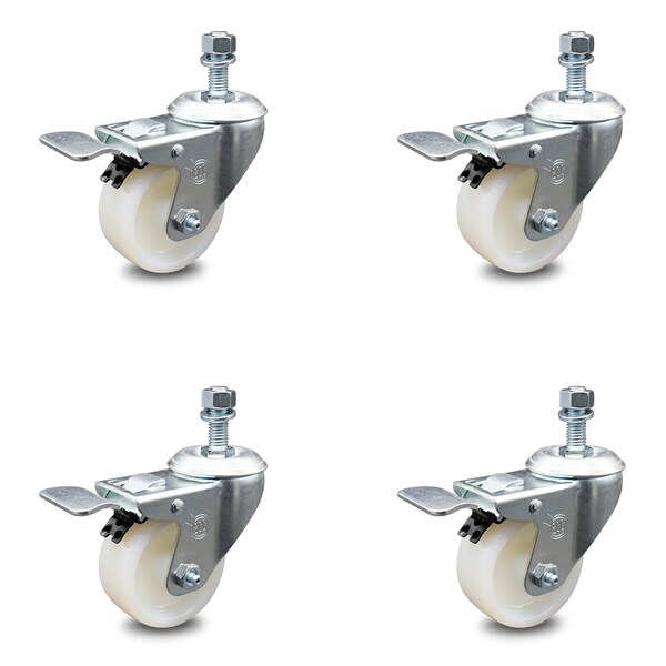 3 Inch Nylon Swivel 1/2 Inch Threaded Stem Caster Set with Total Lock Brake SCC